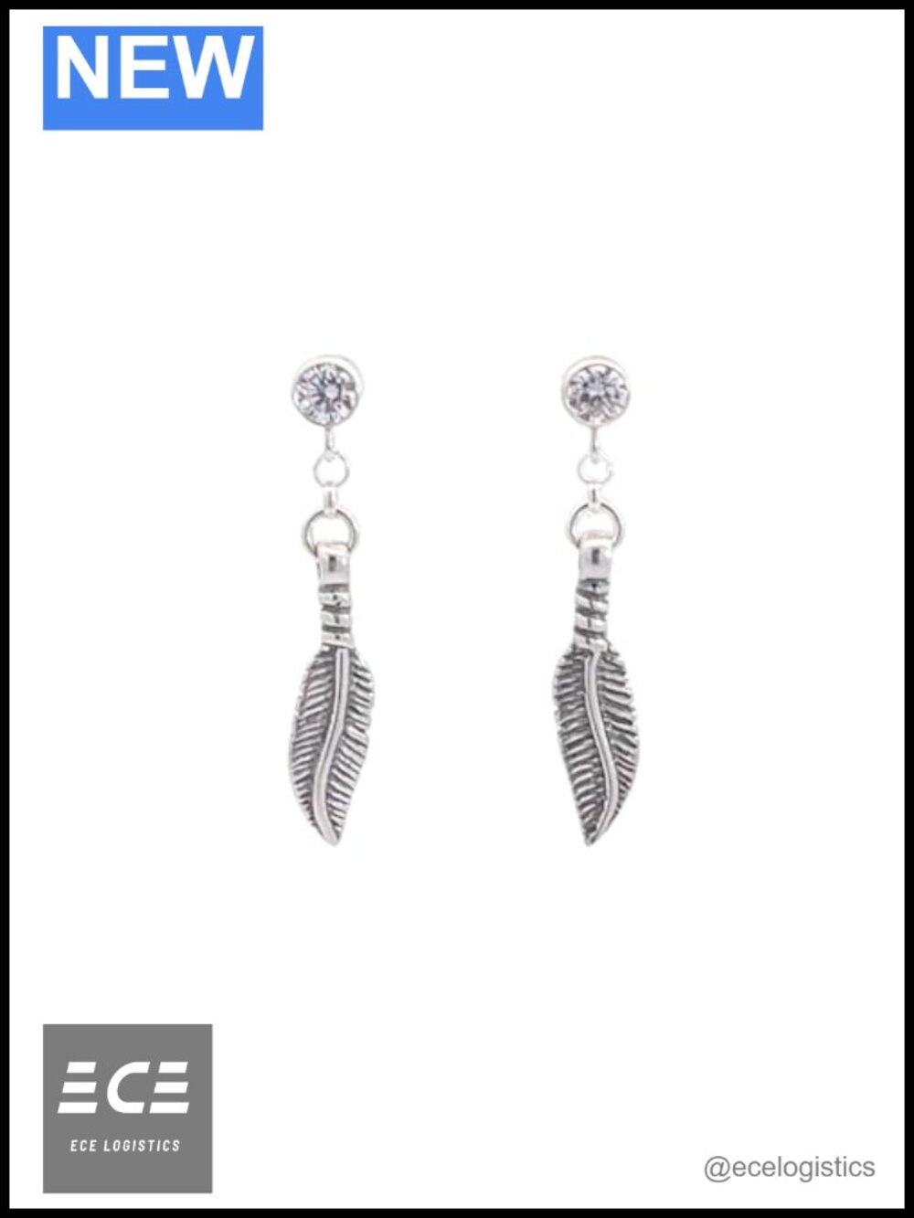 Sterling Silver Feather Drop Dangle Earrings Cubic Zirconia Studs